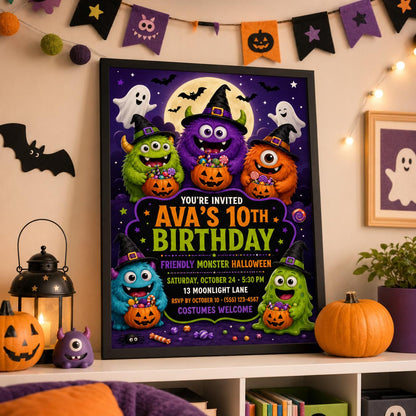 Friendly Monster Halloween Birthday Invitation, Cute Trick or Treat Party Invite for Kids, Editable Canva Template, Instant Download