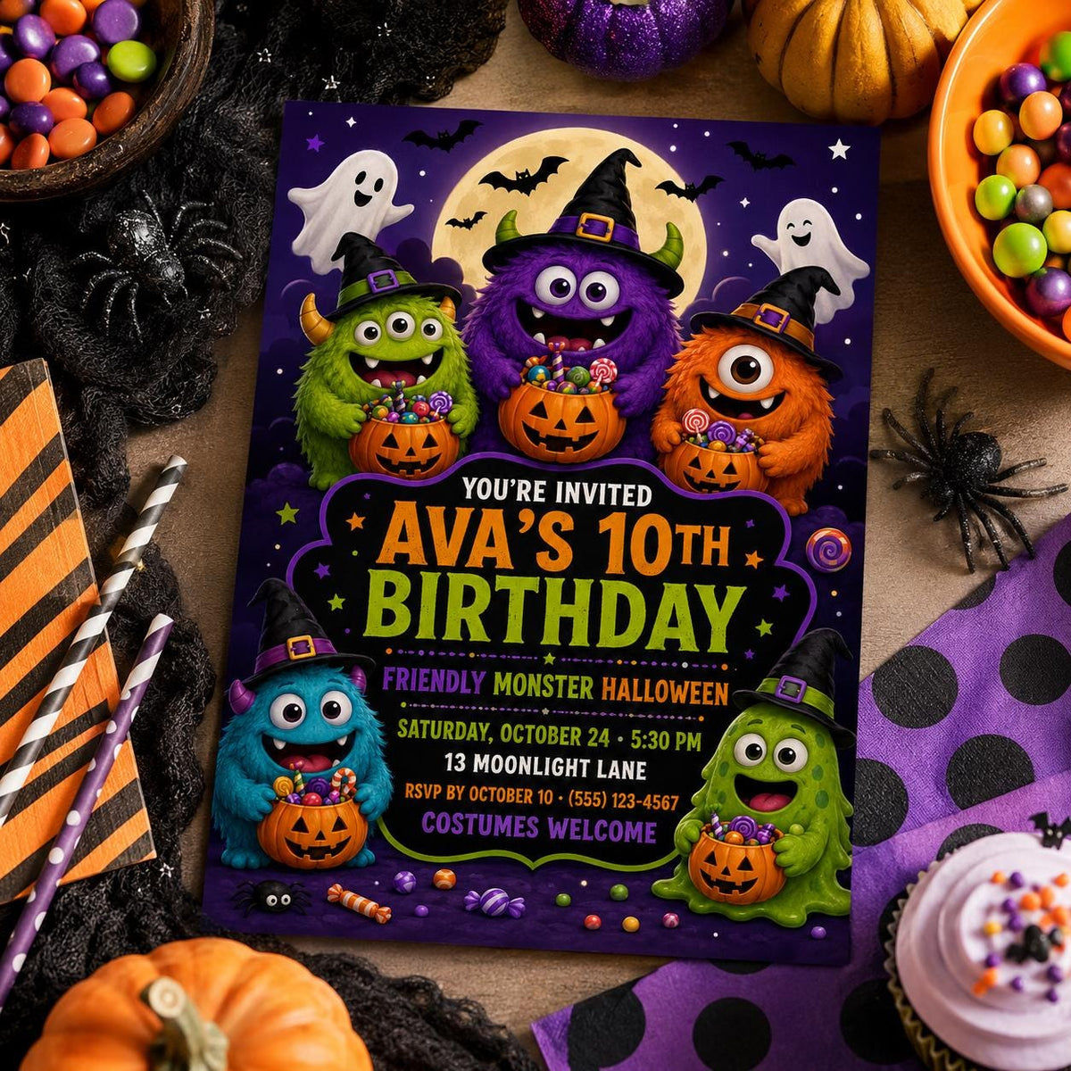 Friendly Monster Halloween Birthday Invitation, Cute Trick or Treat Party Invite for Kids, Editable Canva Template, Instant Download
