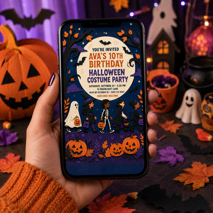 Halloween Costume Party Birthday Invitation, Trick or Treat Kids Party Invite, Editable Canva Template, Instant Download
