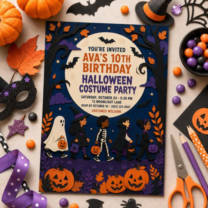 Halloween Costume Party Birthday Invitation, Trick or Treat Kids Party Invite, Editable Canva Template, Instant Download