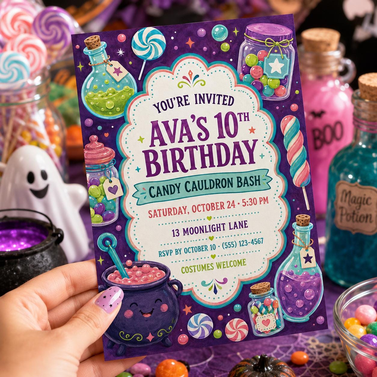 Candy Cauldron Birthday Invitation, Witch Potion Halloween Party Invite for Girls, Editable Canva Template, Instant Download