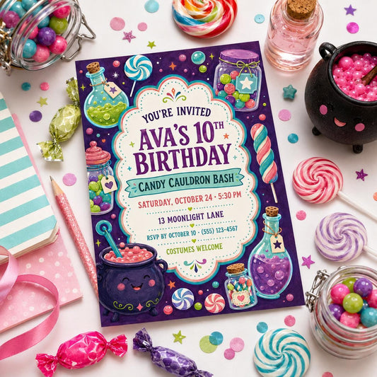 Candy Cauldron Birthday Invitation, Witch Potion Halloween Party Invite for Girls, Editable Canva Template, Instant Download