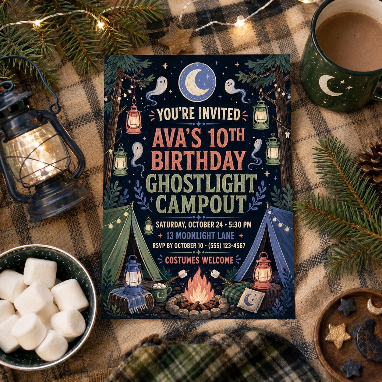 Ghost Light Campout Birthday Invitation, Halloween Camping Party Invite for Kids, Editable Canva Template, Instant Download