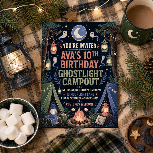 Ghost Light Campout Birthday Invitation, Halloween Camping Party Invite for Kids, Editable Canva Template, Instant Download