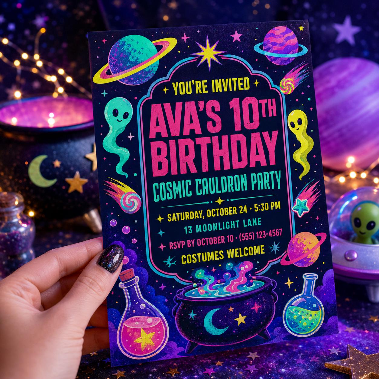 Cosmic Cauldron Birthday Invitation, Neon Space Halloween Party Invite for Kids, Editable Canva Template, Instant Download