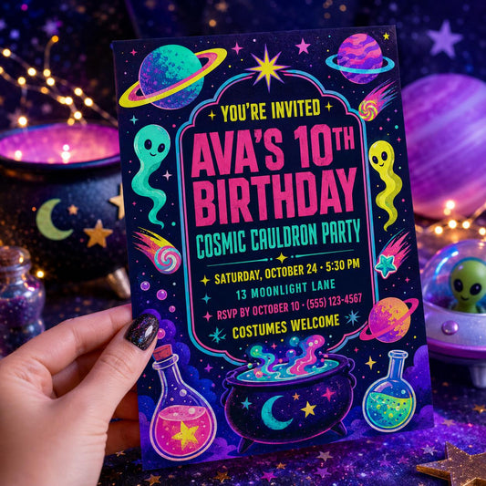 Cosmic Cauldron Birthday Invitation, Neon Space Halloween Party Invite for Kids, Editable Canva Template, Instant Download