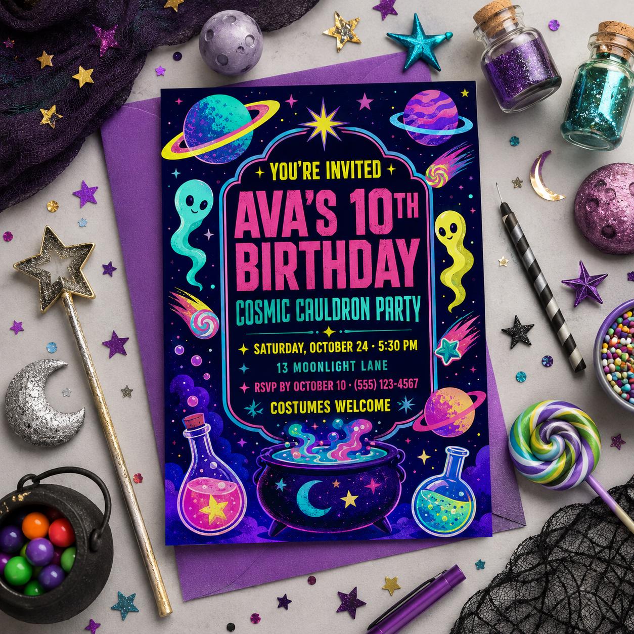 Cosmic Cauldron Birthday Invitation, Neon Space Halloween Party Invite for Kids, Editable Canva Template, Instant Download