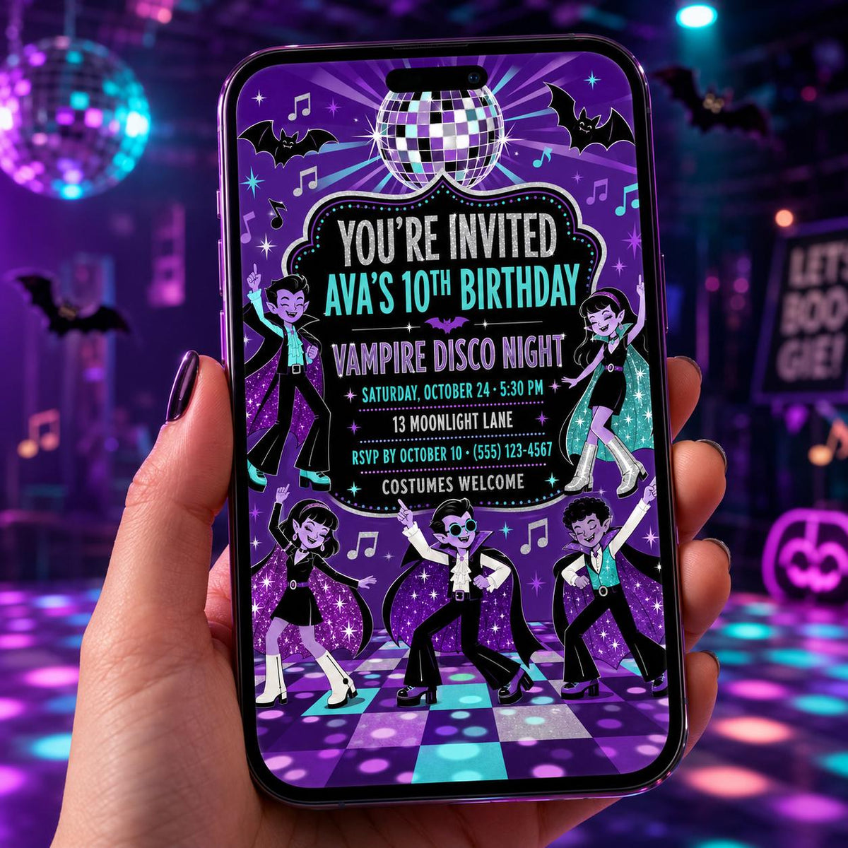Vampire Disco Birthday Invitation, Halloween Dance Party Invite for Kids, Editable Canva Template, Instant Download