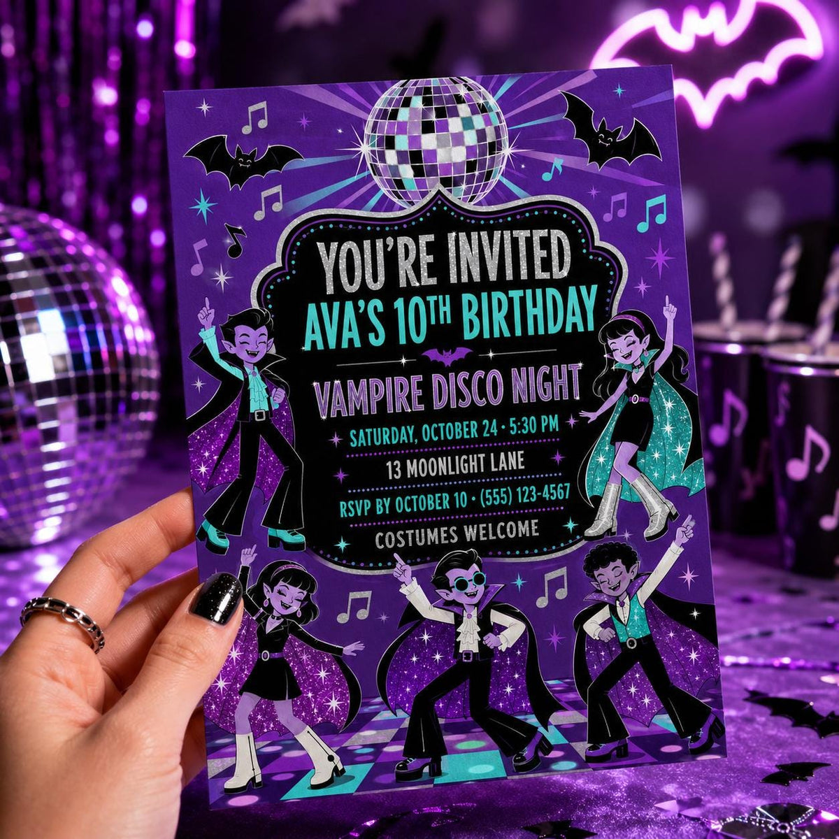 Vampire Disco Birthday Invitation, Halloween Dance Party Invite for Kids, Editable Canva Template, Instant Download