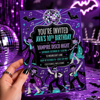 Vampire Disco Birthday Invitation, Halloween Dance Party Invite for Kids, Editable Canva Template, Instant Download