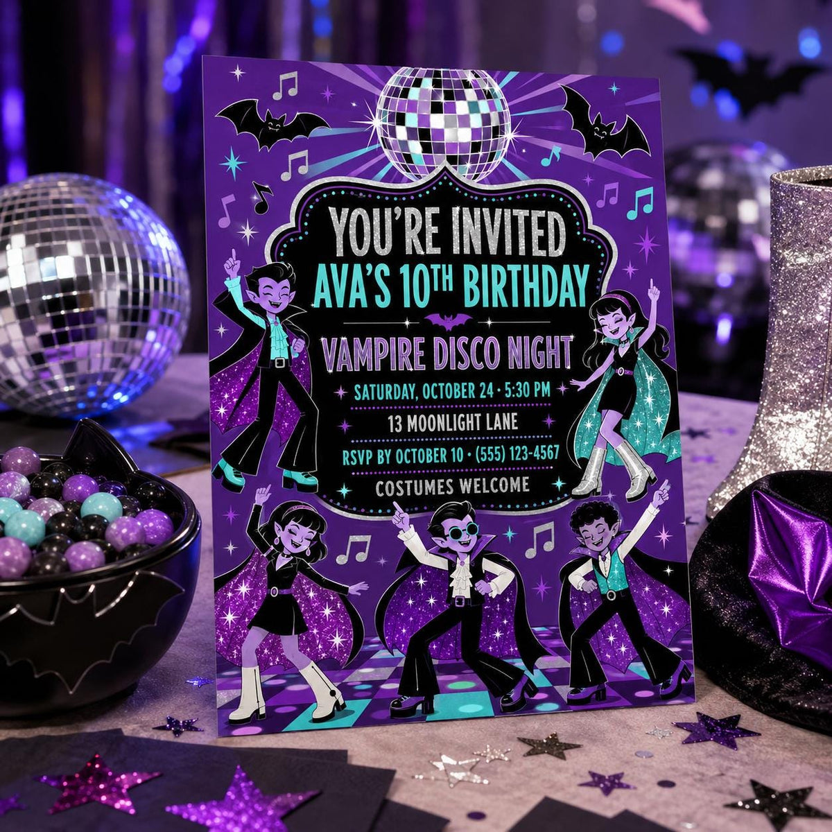 Vampire Disco Birthday Invitation, Halloween Dance Party Invite for Kids, Editable Canva Template, Instant Download