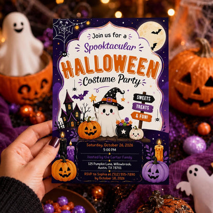 Halloween Costume Party Invitation, Cute Ghost Party Invite, Editable Canva Template, Kids Spooky Celebration Printable, Instant Download