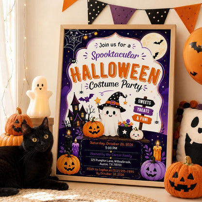 Halloween Costume Party Invitation, Cute Ghost Party Invite, Editable Canva Template, Kids Spooky Celebration Printable, Instant Download