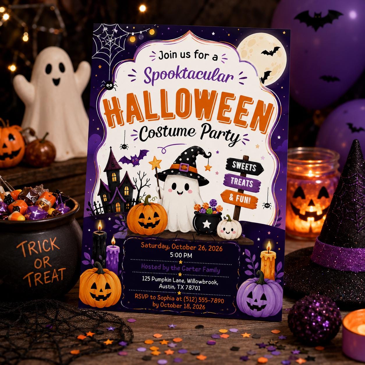 Halloween Costume Party Invitation, Cute Ghost Party Invite, Editable Canva Template, Kids Spooky Celebration Printable, Instant Download