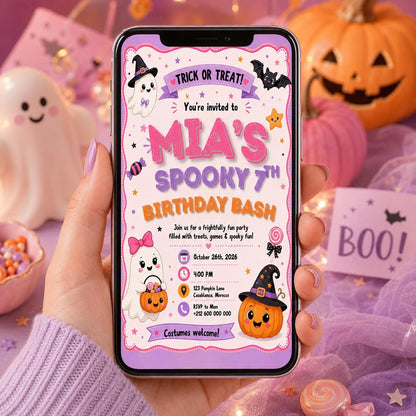 Pink Halloween Birthday Invitation, Cute Ghost Costume Party Invite, Editable Canva Template, Girls Spooky Birthday Printable