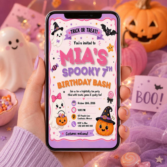 Pink Halloween Birthday Invitation, Cute Ghost Costume Party Invite, Editable Canva Template, Girls Spooky Birthday Printable