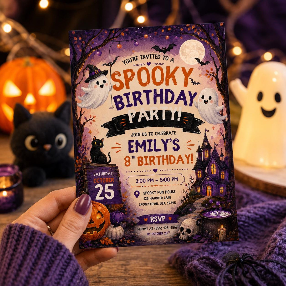 Spooky Birthday Party Invitation, Halloween Ghost Invite, Haunted House Party, Editable Canva Template, Kids Printable Invite