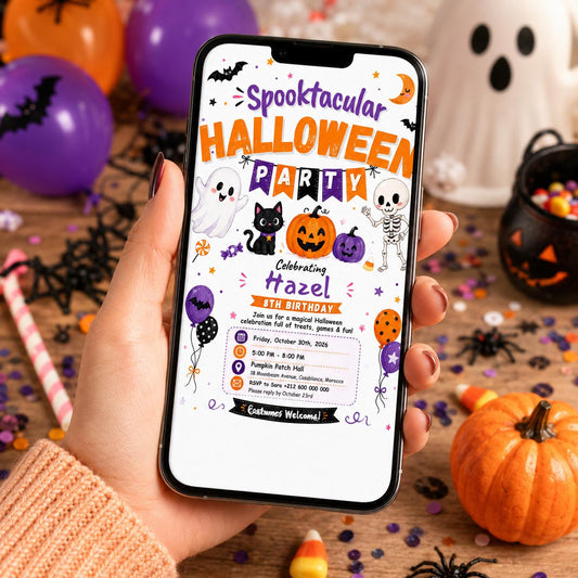 Spooktacular Halloween Birthday Invitation, Cute Ghost Costume Party Invite, Editable Canva Template, Kids Printable Invite