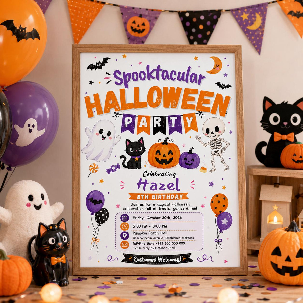 Spooktacular Halloween Birthday Invitation, Cute Ghost Costume Party Invite, Editable Canva Template, Kids Printable Invite