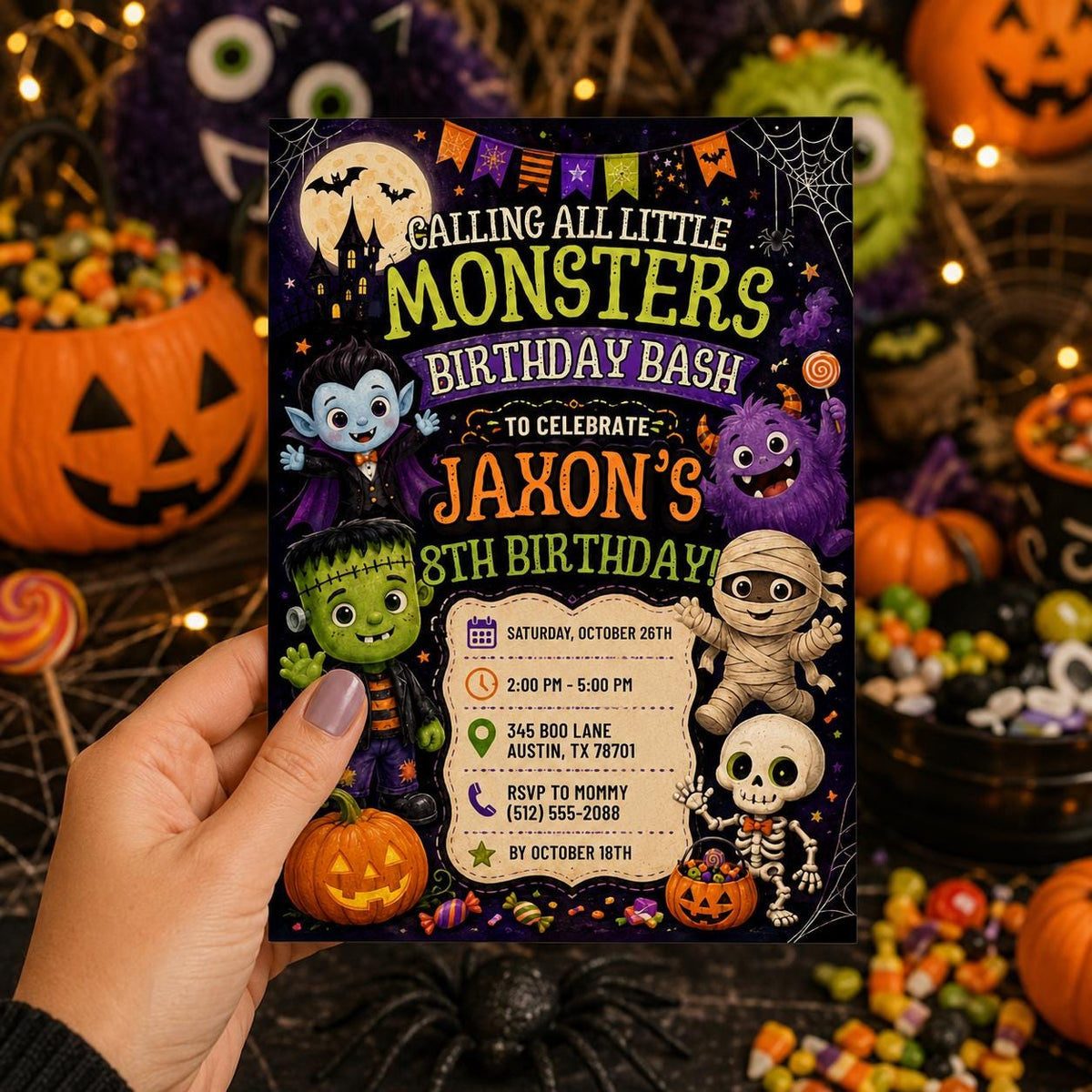 Halloween Monster Birthday Invitation, Little Monsters Party Invite, Editable Canva Template, Kids Spooky Birthday, Instant Download