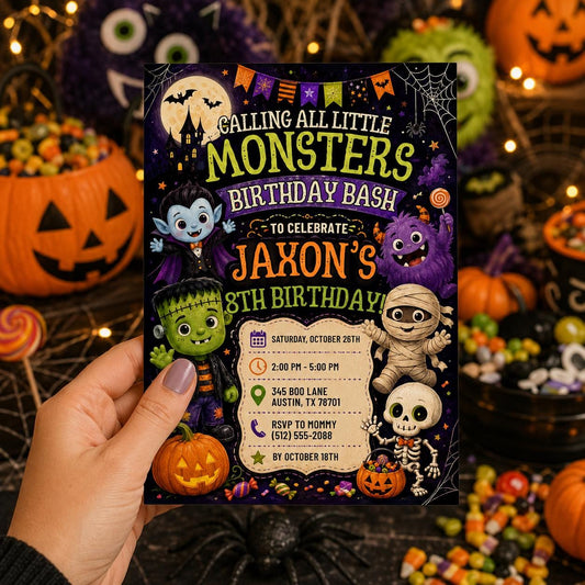 Halloween Monster Birthday Invitation, Little Monsters Party Invite, Editable Canva Template, Kids Spooky Birthday, Instant Download
