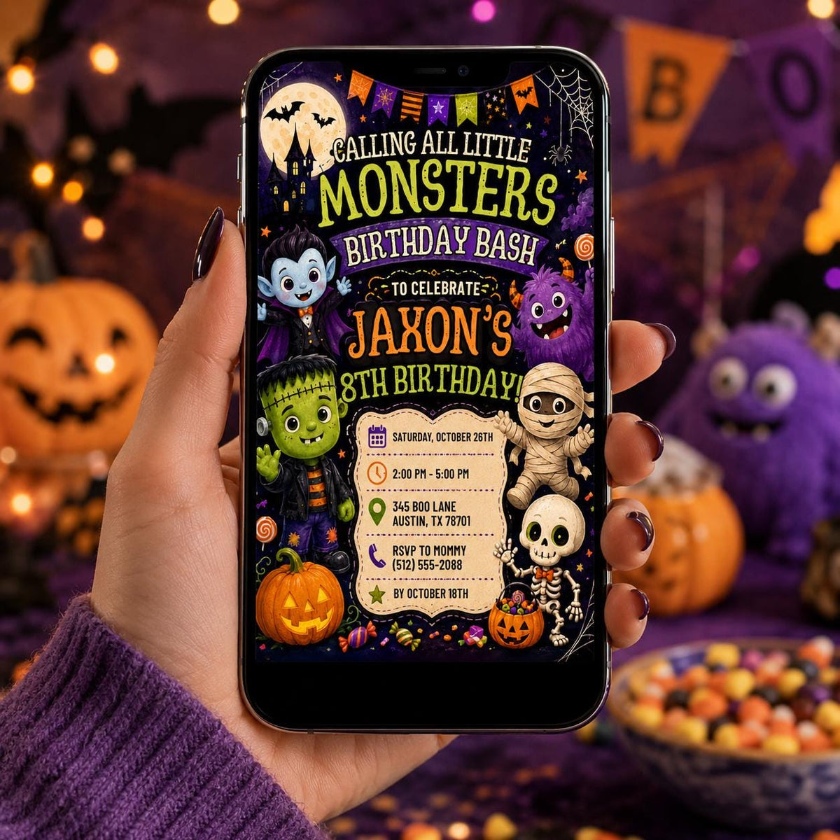 Halloween Monster Birthday Invitation, Little Monsters Party Invite, Editable Canva Template, Kids Spooky Birthday, Instant Download