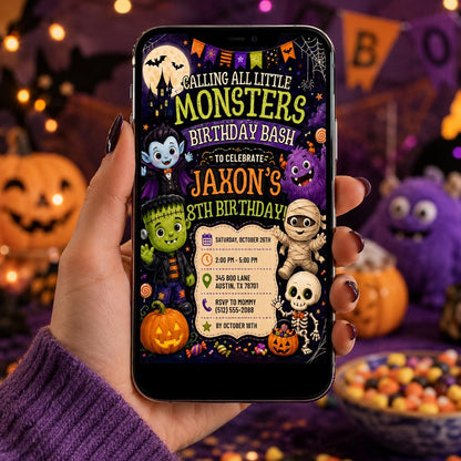 Halloween Monster Birthday Invitation, Little Monsters Party Invite, Editable Canva Template, Kids Spooky Birthday, Instant Download