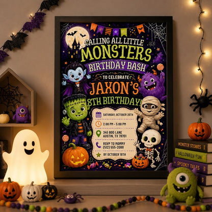 Halloween Monster Birthday Invitation, Little Monsters Party Invite, Editable Canva Template, Kids Spooky Birthday, Instant Download