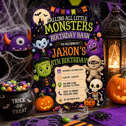 Halloween Monster Birthday Invitation, Little Monsters Party Invite, Editable Canva Template, Kids Spooky Birthday, Instant Download