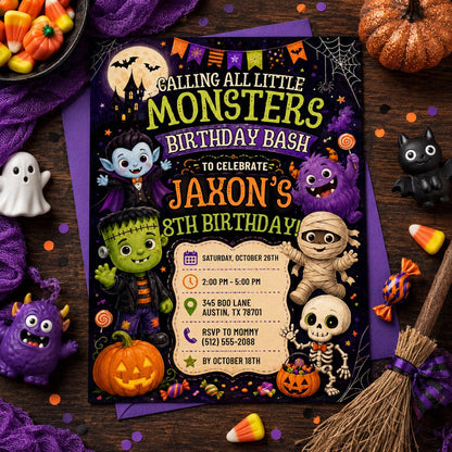 Halloween Monster Birthday Invitation, Little Monsters Party Invite, Editable Canva Template, Kids Spooky Birthday, Instant Download