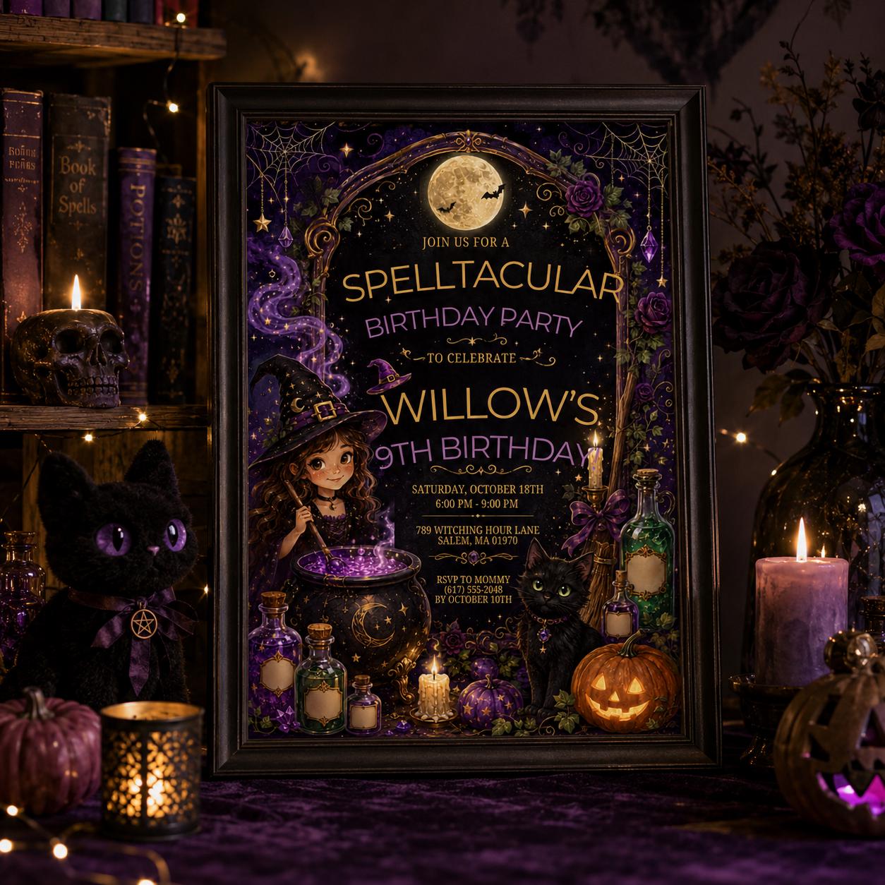 Witch Birthday Invitation, Spelltacular Halloween Party Invite, Purple Gothic Witch Digital Invite, Editable Canva Template
