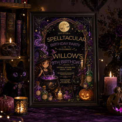 Witch Birthday Invitation, Spelltacular Halloween Party Invite, Purple Gothic Witch Digital Invite, Editable Canva Template