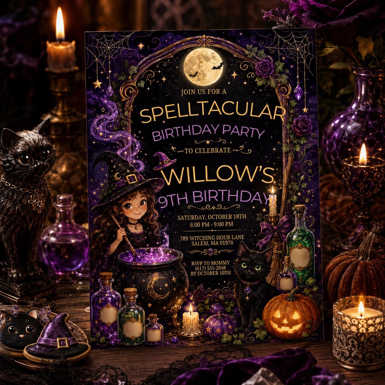 Witch Birthday Invitation, Spelltacular Halloween Party Invite, Purple Gothic Witch Digital Invite, Editable Canva Template