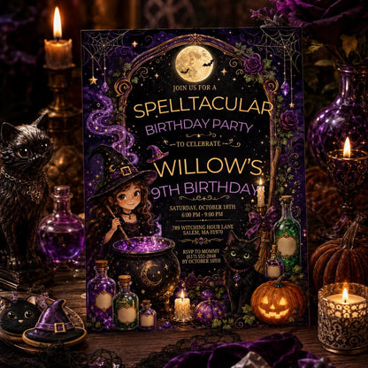 Witch Birthday Invitation, Spelltacular Halloween Party Invite, Purple Gothic Witch Digital Invite, Editable Canva Template