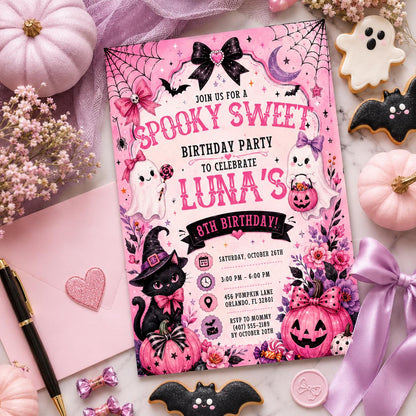 Pink Halloween Birthday Invitation, Spooky Sweet Ghost Party Invite, Girls Halloween Party, Editable Canva Template, Printable Invite