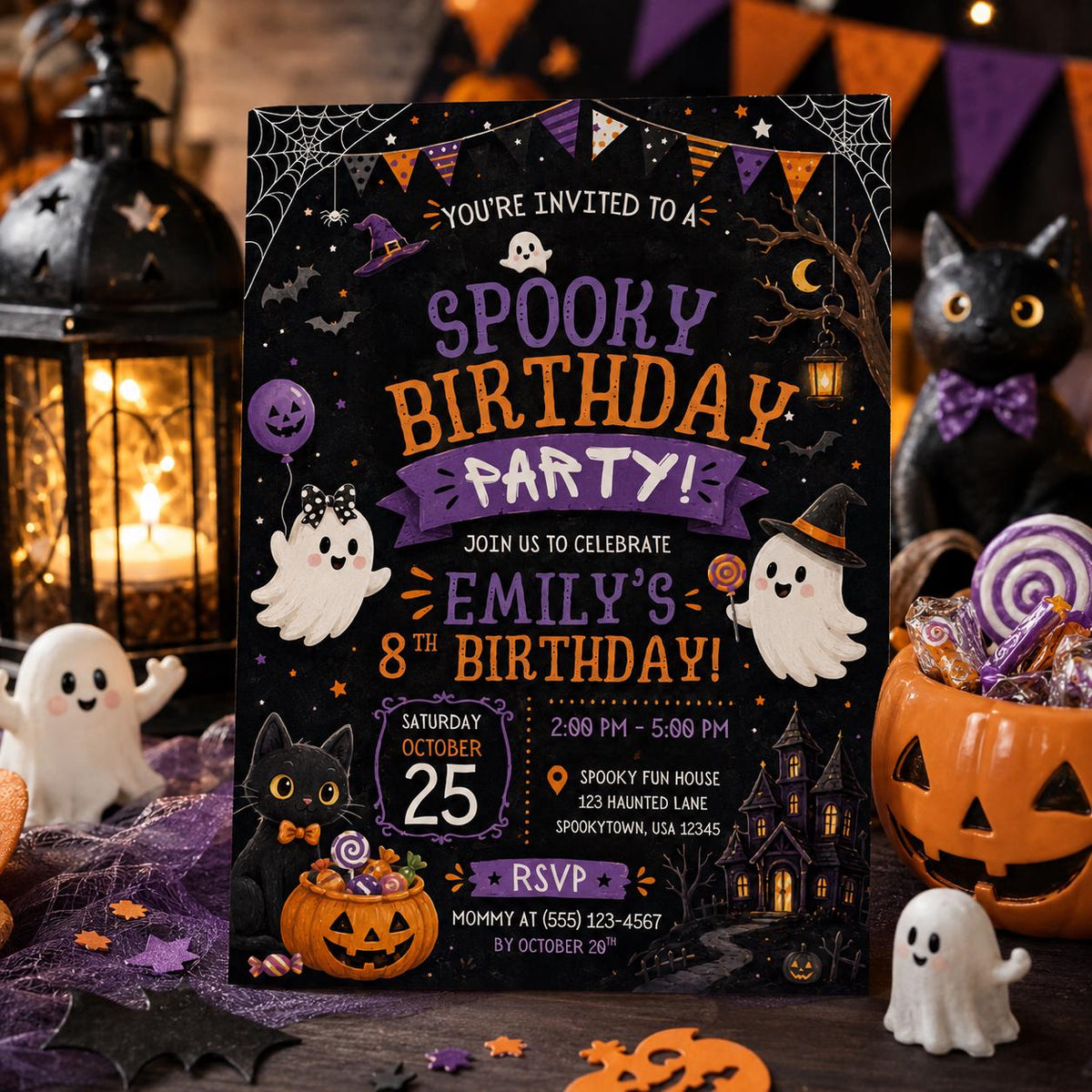 Spooky Halloween Birthday Invitation, Cute Ghost Party Invite, Editable Canva Template, Kids Costume Party, Instant Download