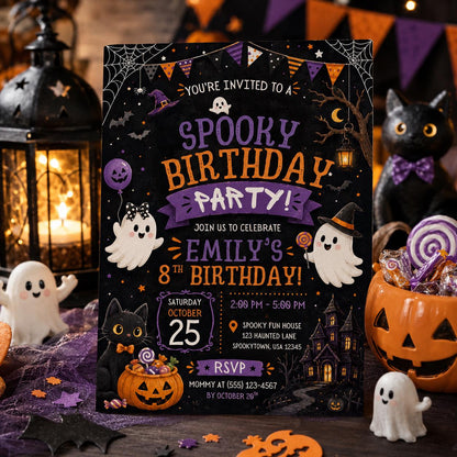 Spooky Halloween Birthday Invitation, Cute Ghost Party Invite, Editable Canva Template, Kids Costume Party, Instant Download