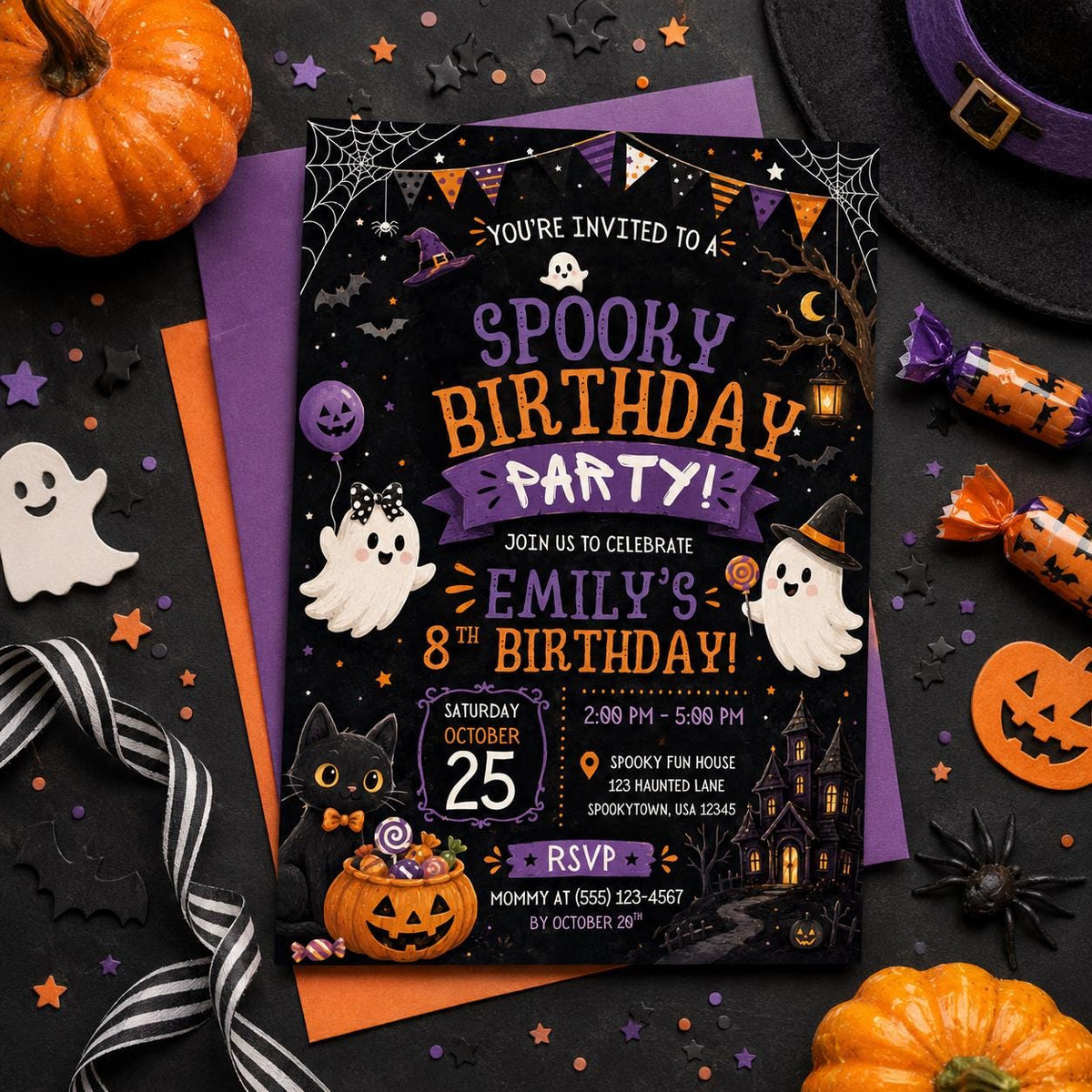 Spooky Halloween Birthday Invitation, Cute Ghost Party Invite, Editable Canva Template, Kids Costume Party, Instant Download