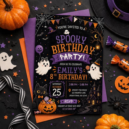 Spooky Halloween Birthday Invitation, Cute Ghost Party Invite, Editable Canva Template, Kids Costume Party, Instant Download