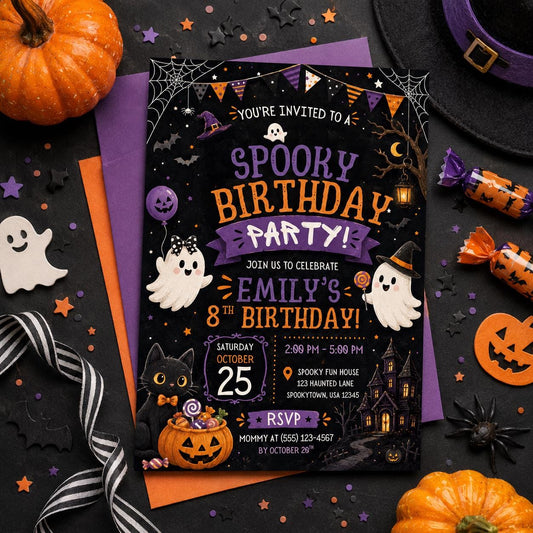 Spooky Halloween Birthday Invitation, Cute Ghost Party Invite, Editable Canva Template, Kids Costume Party, Instant Download