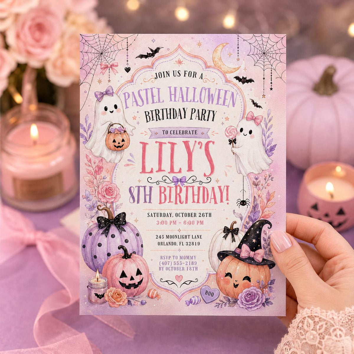 Pastel Halloween Birthday Invitation, Pink Ghost Party Invite, Girls Spooky Birthday, Editable Canva Template, Instant Download
