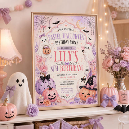 Pastel Halloween Birthday Invitation, Pink Ghost Party Invite, Girls Spooky Birthday, Editable Canva Template, Instant Download