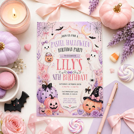Pastel Halloween Birthday Invitation, Pink Ghost Party Invite, Girls Spooky Birthday, Editable Canva Template, Instant Download