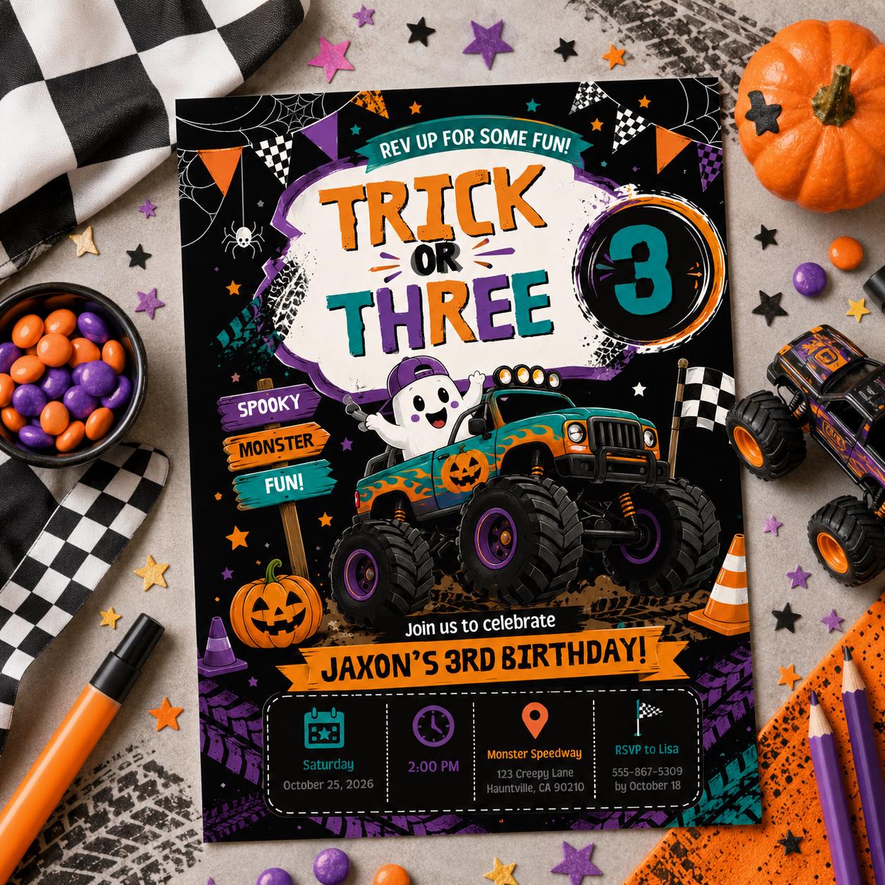 Halloween Monster Truck 3rd Birthday Invitation, Spooky Racing Party Invite, Editable Canva Template, Instant Download