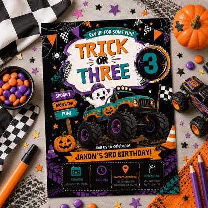 Halloween Monster Truck 3rd Birthday Invitation, Spooky Racing Party Invite, Editable Canva Template, Instant Download