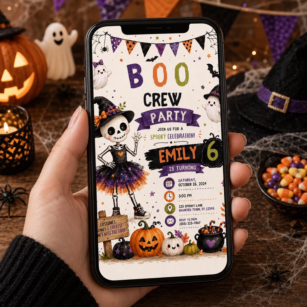 Halloween 6th Birthday Invitation, Cute Skeleton Costume Party Invite, Girls Spooky Birthday, Editable Canva Template, Instant Download