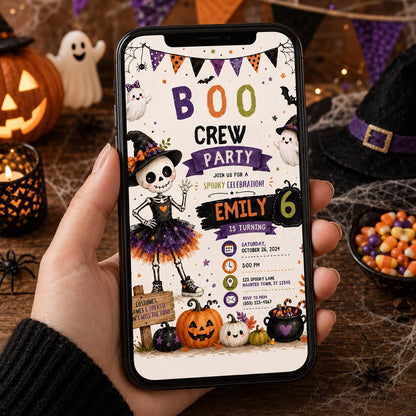 Halloween 6th Birthday Invitation, Cute Skeleton Costume Party Invite, Girls Spooky Birthday, Editable Canva Template, Instant Download