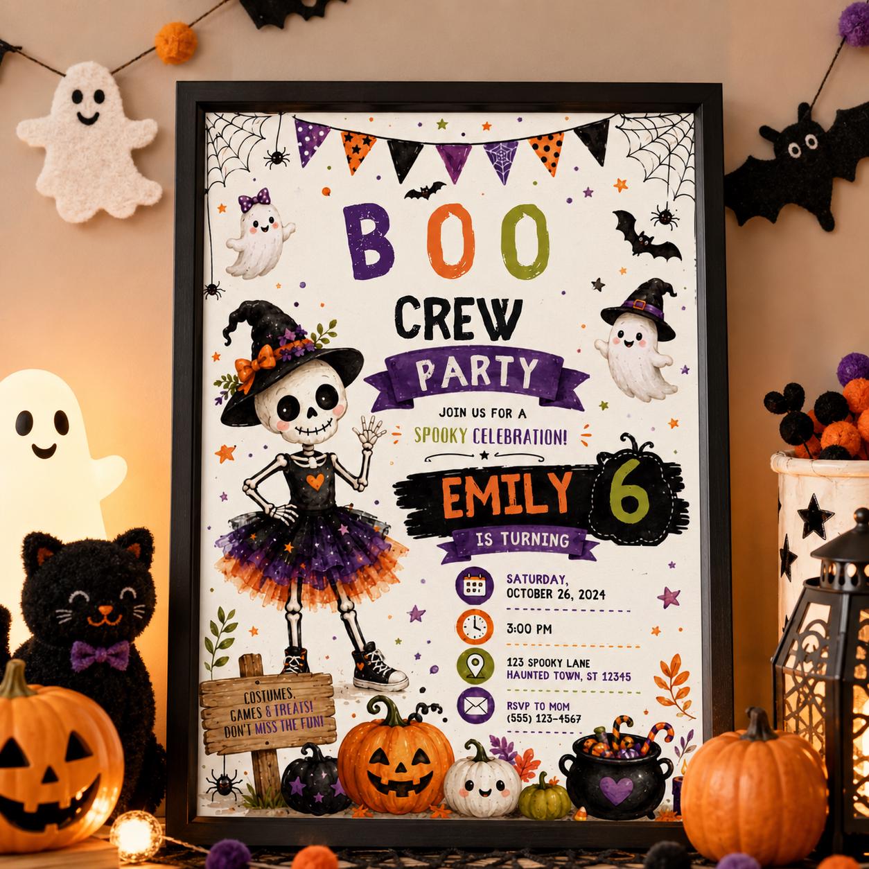 Halloween 6th Birthday Invitation, Cute Skeleton Costume Party Invite, Girls Spooky Birthday, Editable Canva Template, Instant Download