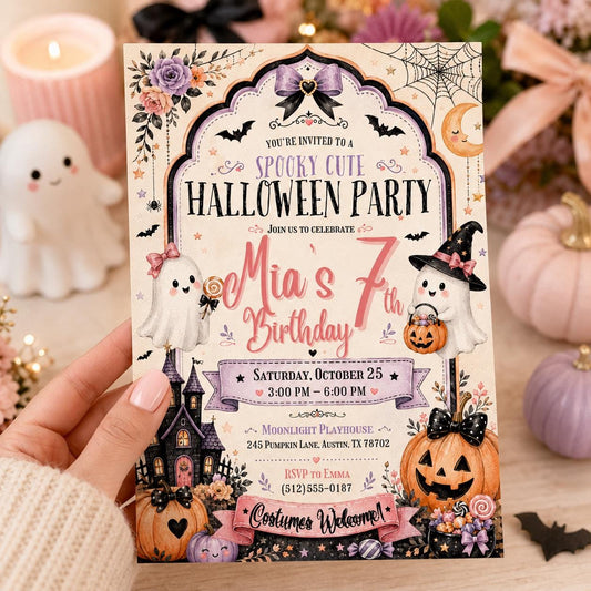 Pink Halloween 7th Birthday Invitation, Spooky Cute Ghost Party Invite, Editable Canva Template, Girls Costume Party Instant Download