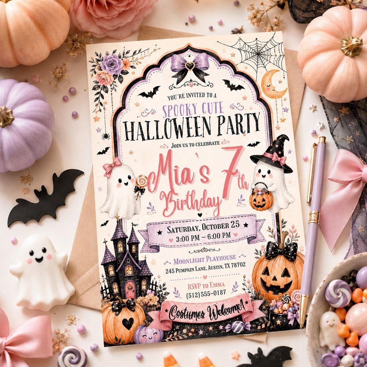 Pink Halloween 7th Birthday Invitation, Spooky Cute Ghost Party Invite, Editable Canva Template, Girls Costume Party Instant Download